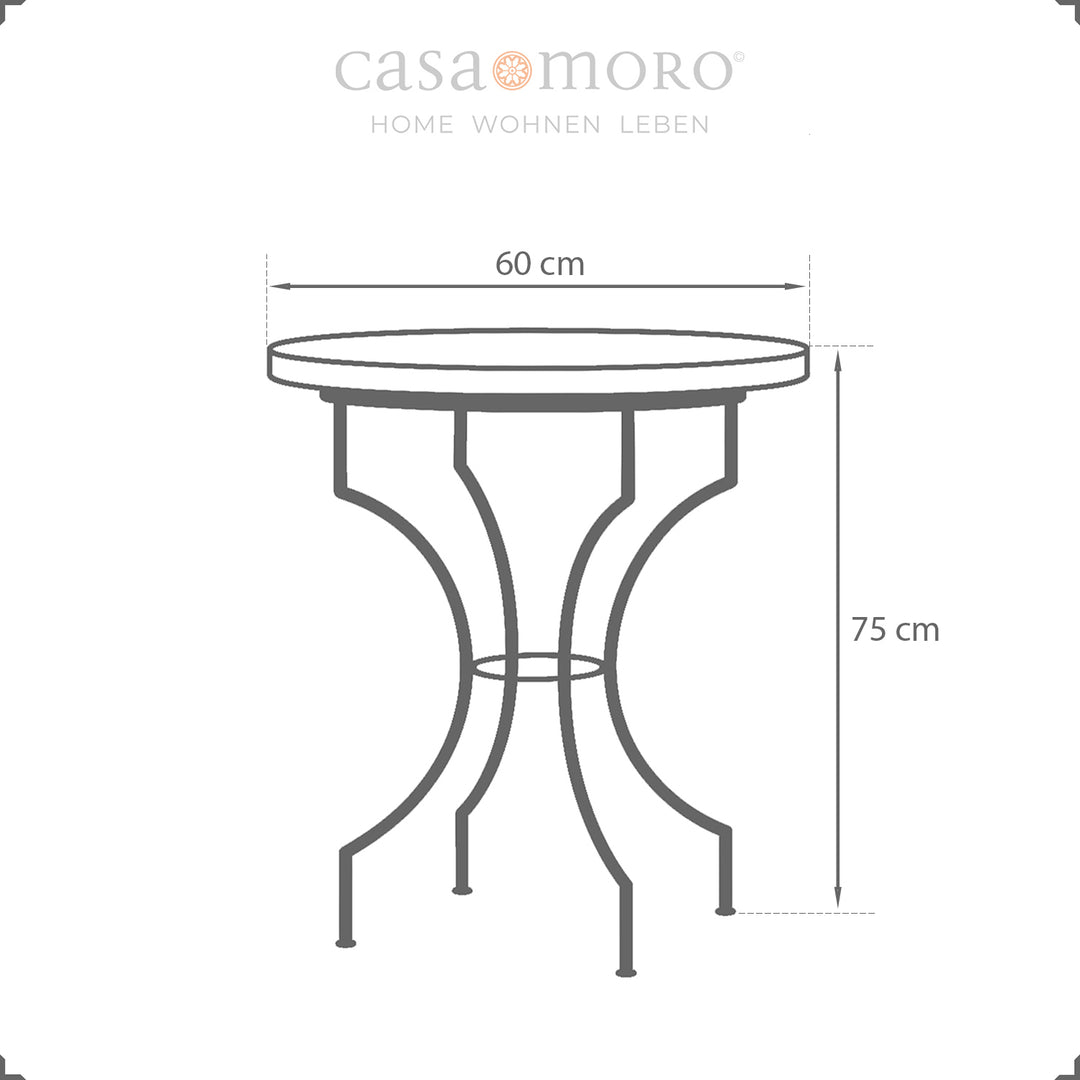 Maße: 60 cm Durchmesser, ca. 75 cm hoch – kompakter Bistrotisch für drinnen & draußen