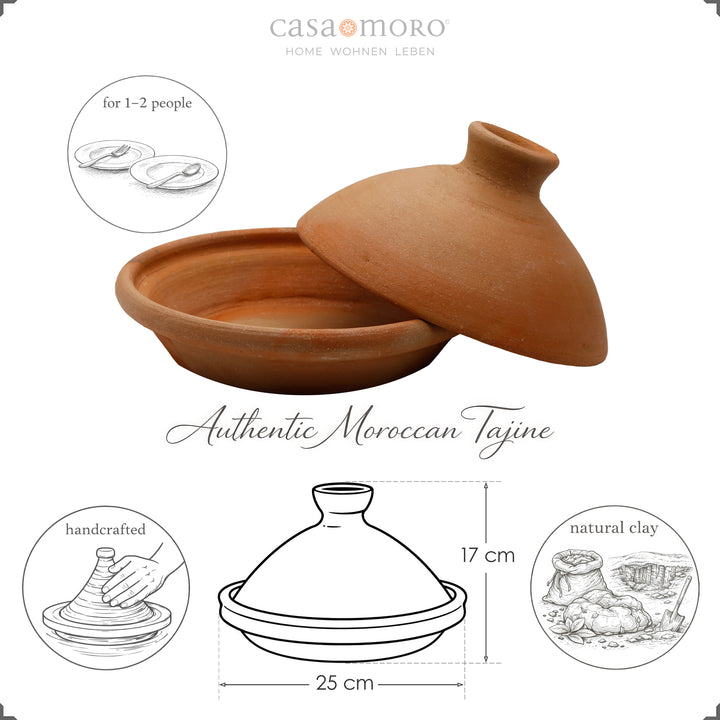 Tagine 25 cm en argile naturelle et argile, cocotte marocaine pour 1-2 personnes