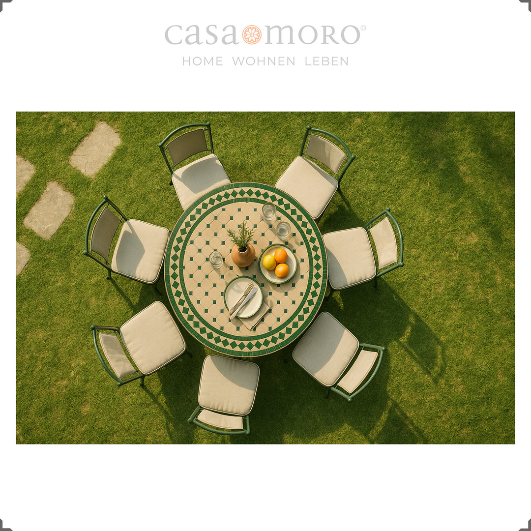 Esstisch mit grünem Mosaikmuster für Garten, Terrasse und Esszimmer
