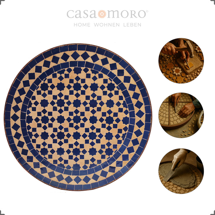 Klassischer Mosaiktisch in Blau und Terracotta mit orientalischem Muster – ideal für Wohnzimmer oder Balkon