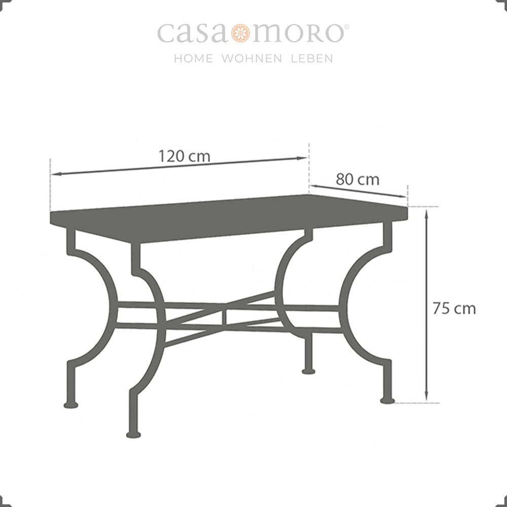 Maße: 120 x 80 cm, Höhe 75 cm – Terrassentisch für vier bis sechs Personen