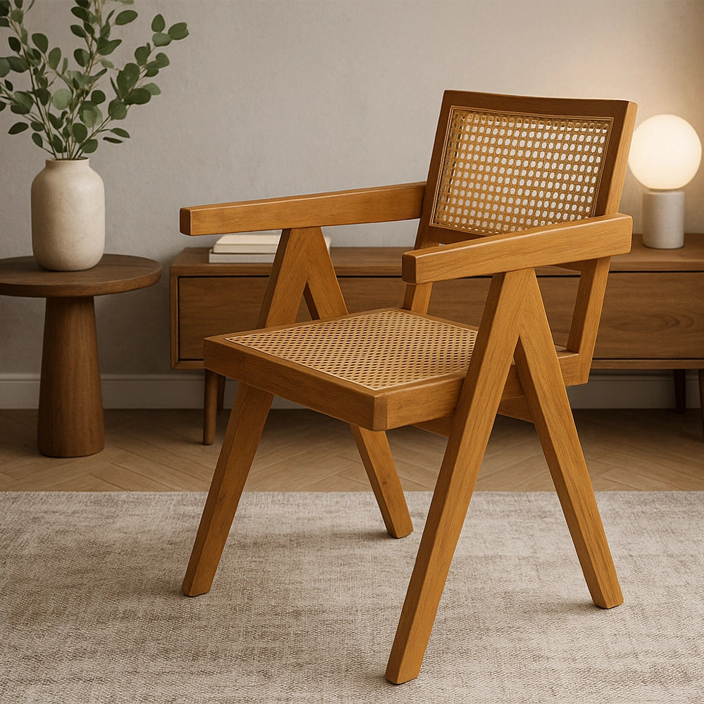 Teakholzstuhl mit Sitz- und Rückenfläche aus Wiener Geflecht in einem modernen Wohnbereich mit warmen Naturmaterialien und stilvoller Deko.