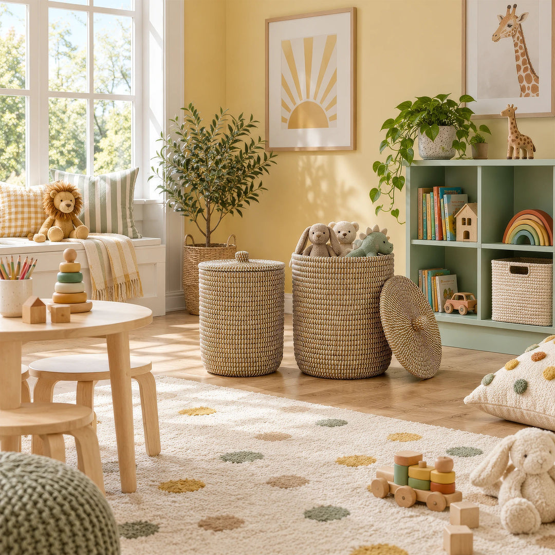 Seegraskörbe mit ca. 40 und 65 Litern Volumen im Kinderzimmer, kleiner Korb geschlossen, großer mit Kuscheltieren.