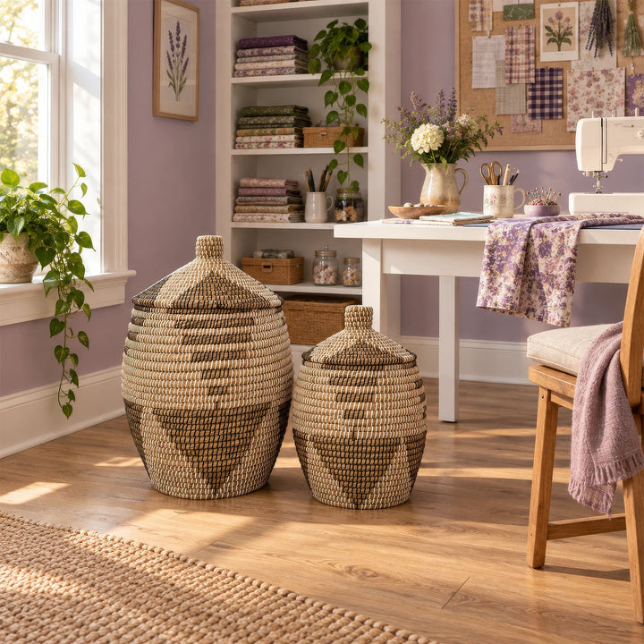 Deux paniers à motifs en jonc de mer, couvercles coniques, près d’une table avec machine à coudre et accessoires en atelier.