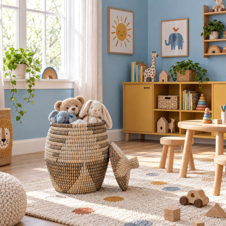 Panier ouvert à motifs en jonc de mer avec peluches en chambre d’enfant ; couvercle conique debout à droite.