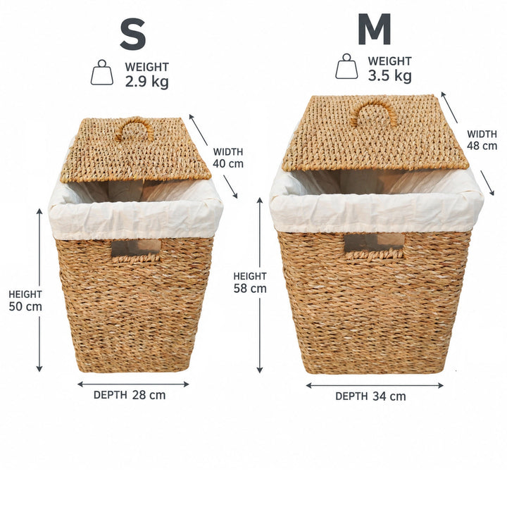 Dimensions du lot en jonc de mer : S, 40 × 28 × 50 cm, 2,9 kg ; M, 48 × 34 × 58 cm, 3,5 kg.