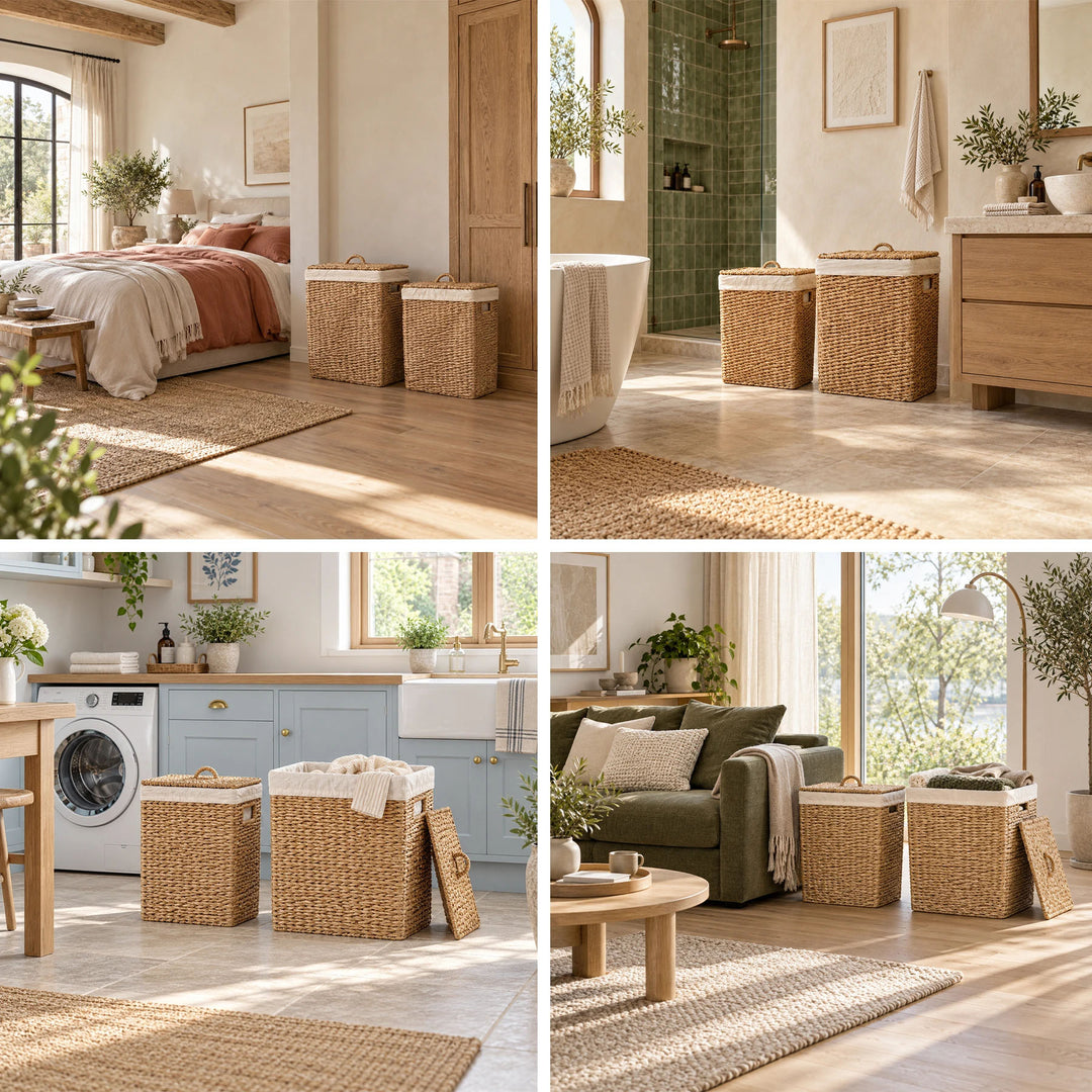Quatre décors avec deux paniers en jonc de mer : chambre, salle de bains, buanderie et salon.