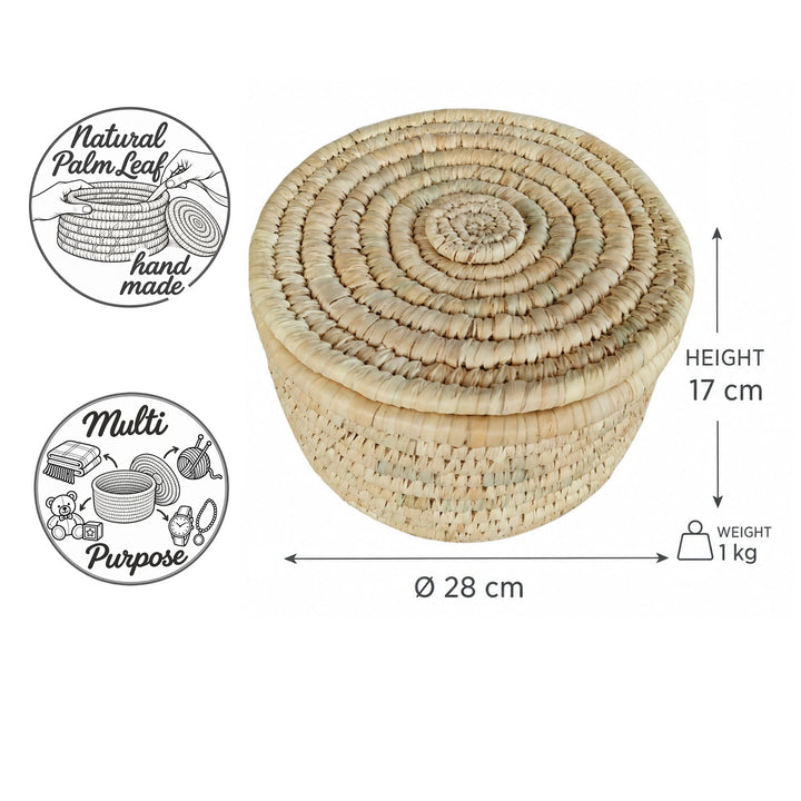 Panier de rangement tressé à la main avec couvercle, en feuilles de palmier, taille M : Ø 28 cm, 17 cm de hauteur et 1 kg.