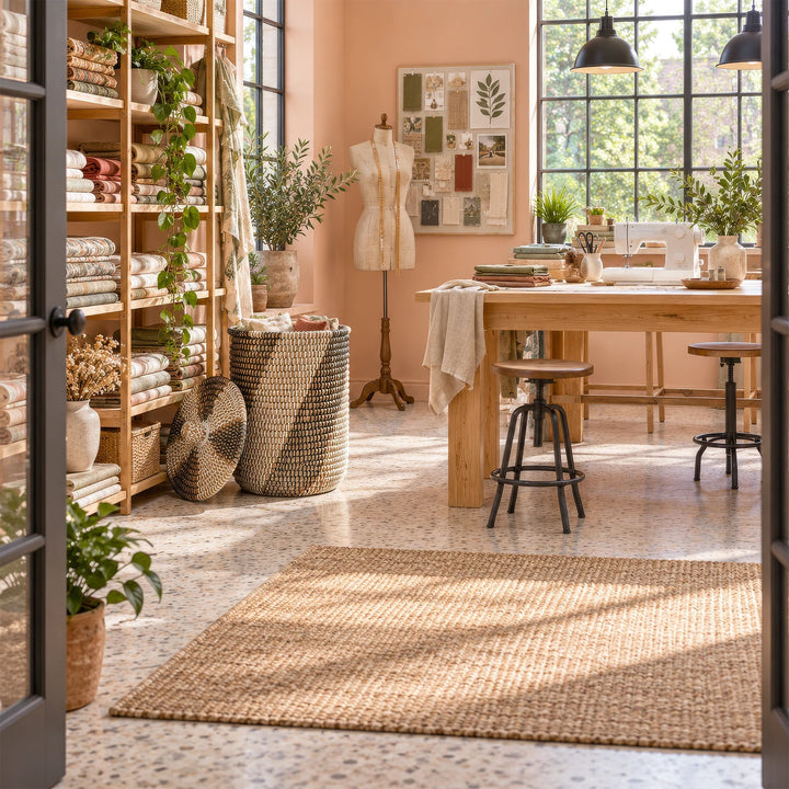 Panier de rangement en jonc de mer d'une capacité d'environ 40 litres, avec des tissus et un couvercle à rabat, dans l'atelier de couture.