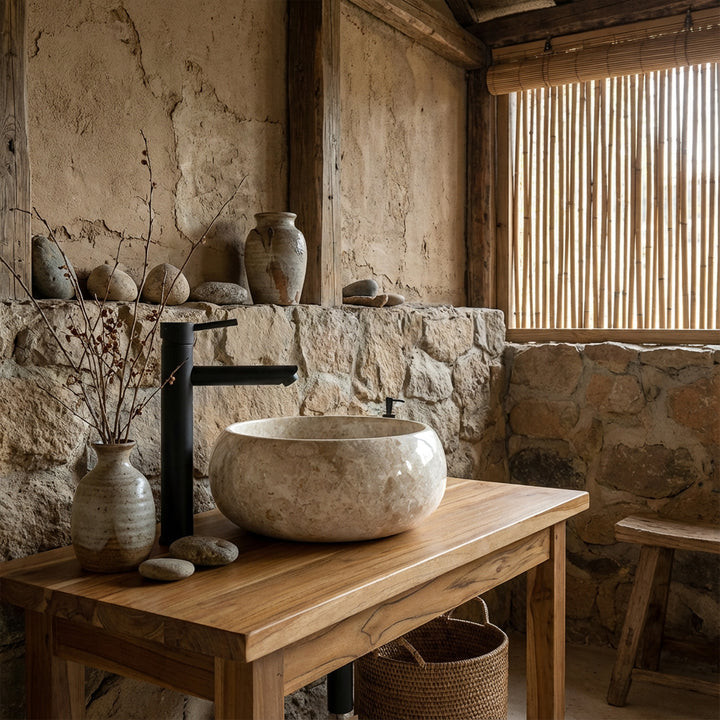 Vasque à poser ronde en marbre clair sur vasque en bois avec robinetterie noire dans une ambiance de salle de bain calme et naturelle