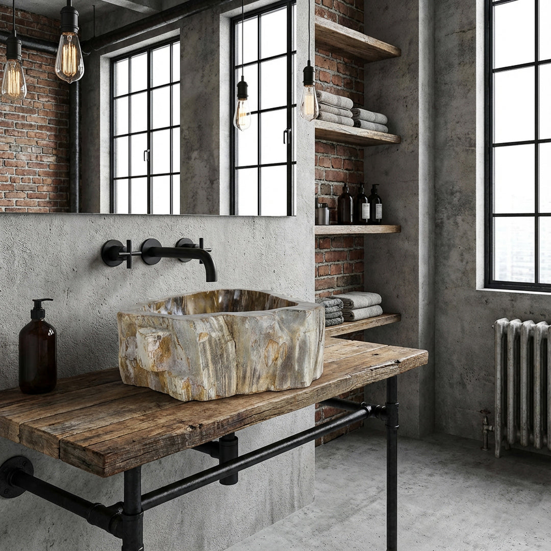 Lavabo à poser en pierre naturelle avec structure en bois fossile, posé sur une étagère en bois dans une salle de bains industrielle avec mur de briques et ferrures métalliques.
