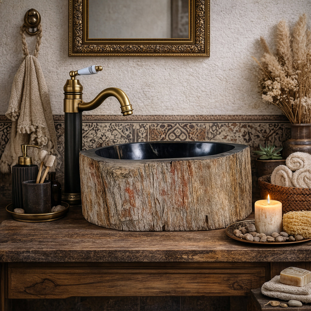 Vasque à poser en pierre naturelle avec structure en bois fossilisé, vasque ronde en pierre sur console en bois avec robinetterie en laiton dans une ambiance salle de bain chaleureuse.