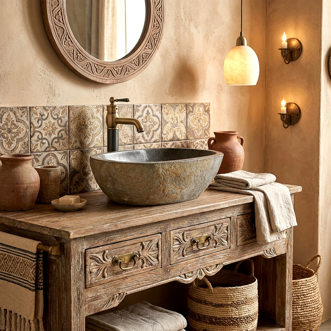 Vasque à poser en pierre de rivière dans la salle de bain orientale chaleureuse sur lavabo en bois, associée à des robinetteries en laiton et une ambiance artisanale
