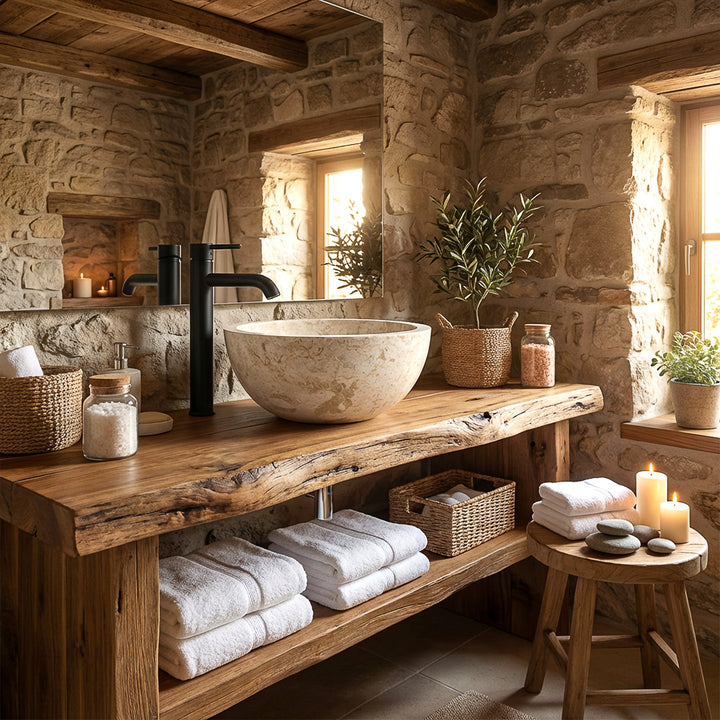 Lavabo rond à poser en pierre claire sur une console en bois massif avec robinetterie noire dans une salle de bains chaleureuse en pierre naturelle