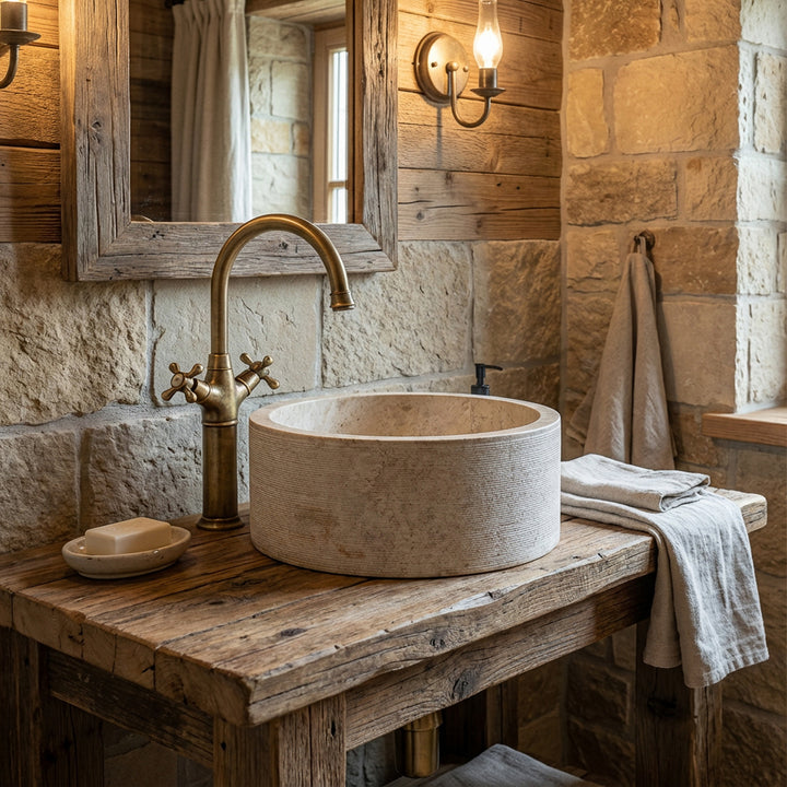 Lavabo à poser rond en pierre sur une table en bois rustique, combiné avec des raccords en laiton dans une salle de bains confortable de maison de campagne.