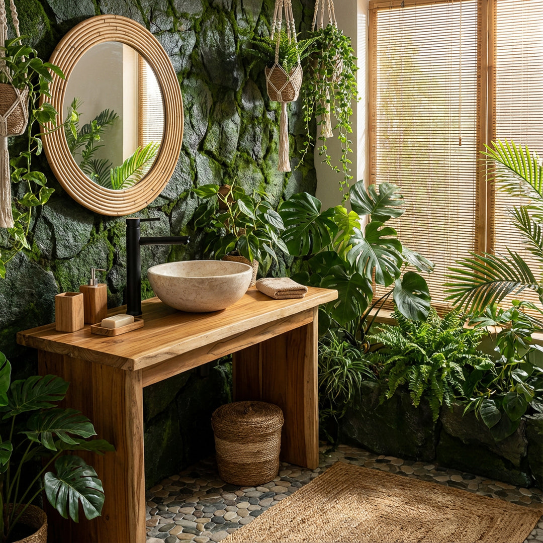 Lavabo rond à poser en pierre claire sur lavabo en bois avec robinetterie noire dans une ambiance de salle de bain spa verdoyante