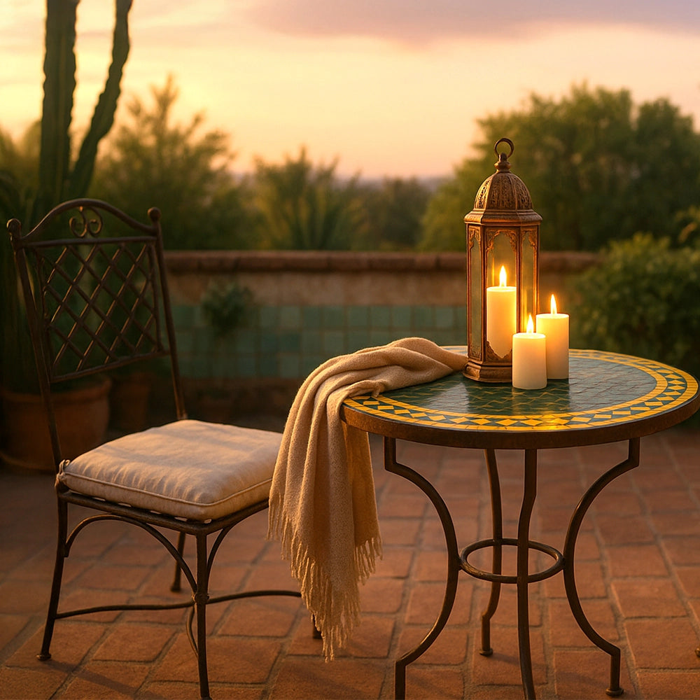 Mosaiktisch im Abendlicht mit handverlegten Fliesen, ergänzt durch Kerzen und Laterne, neben einem Metallstuhl auf einer mediterranen Terrasse.