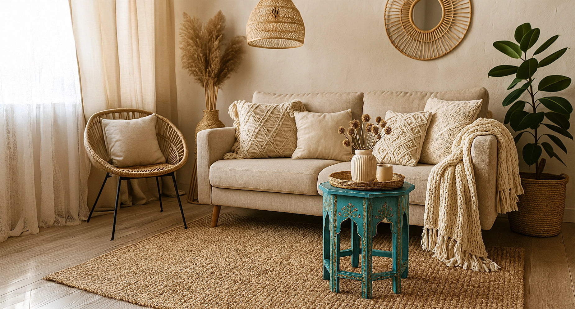 Gemütliches Boho-Style Wohnzimmer mit Naturmaterialien, Rattanmöbeln und einem türkisfarbenen Beistelltisch als farbigem Akzent