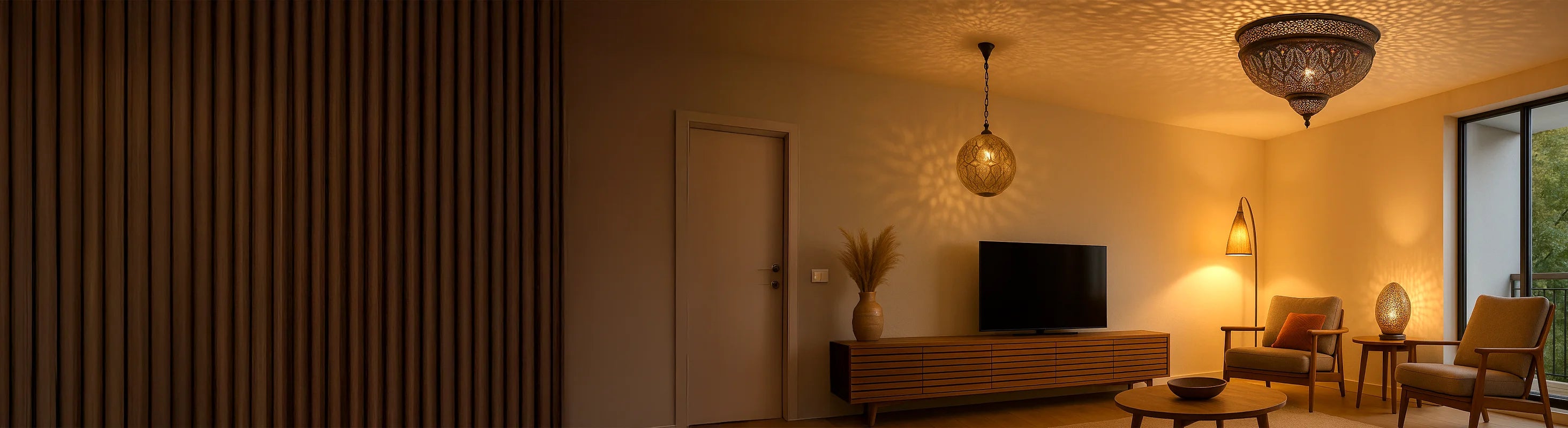 plafonniers – Wohnzimmer mit handgefertigten Deckenleuchten, Stehlampe und Tischleuchte – stimmungsvolle Beleuchtung in warmem Ambiente