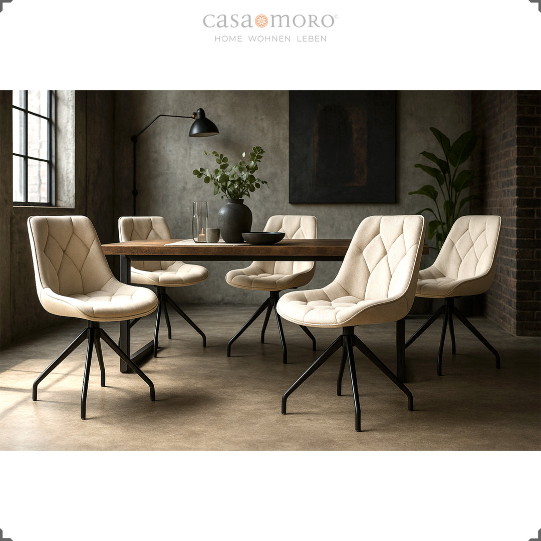 6er-Set Polsterstühle 360° drehbar in Beige mit schwarzem Metallgestell – moderner Essbereich mit Holztisch und industriellem Loft-Charme