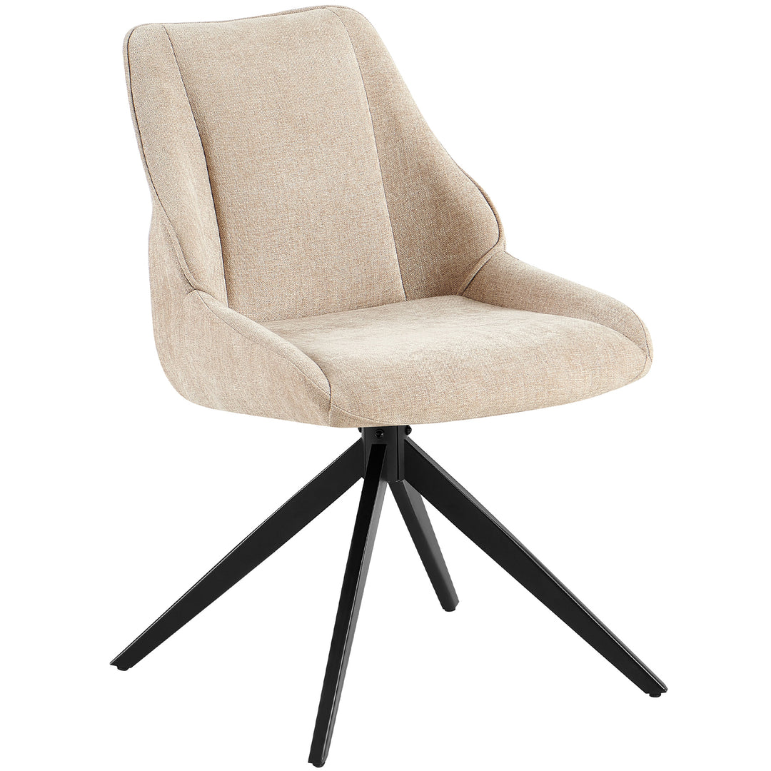 360° drehbarer Esszimmerstuhl in Hellbraun mit ergonomischer Rückenlehne, weicher Polsterung und schwarzem Metallgestell in Stativform