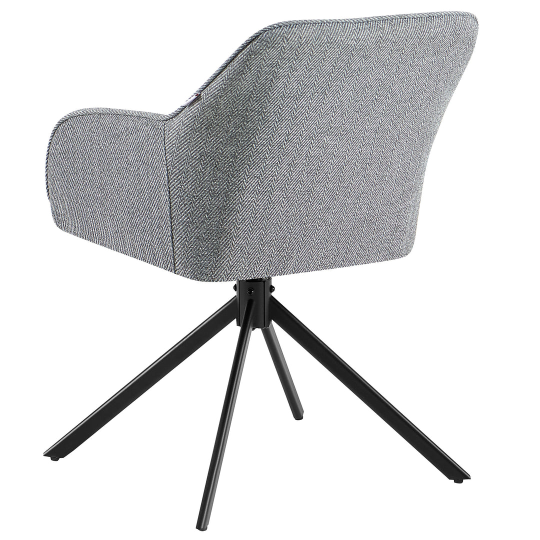 Rückansicht eines 360° drehbaren Polsterstuhls mit Armlehnen in Grau, gepolsterte Rückenlehne im Fischgrätmuster und schwarzes Metallgestell in Stativform
