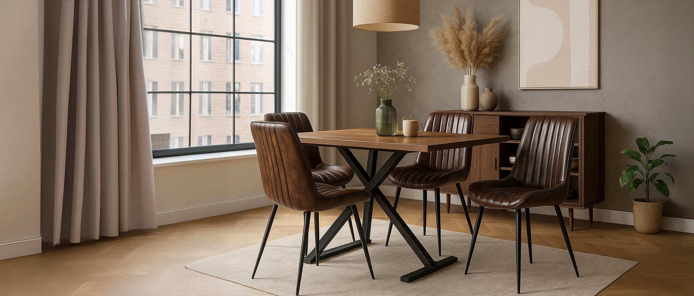 Lederstühle am Esstisch in einer modernen Wohnszene, mit warmen Farben und klaren Linien für ein stilvolles Dining-Ambiente