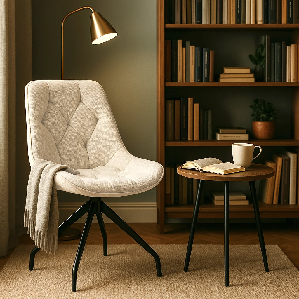 Beiger Polsterstuhl mit Drehfunktion neben Beistelltisch und Bücherregal in warmem Wohnambiente