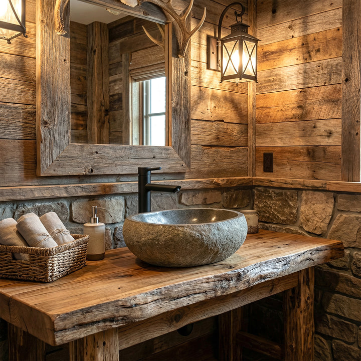Lavabo en pierre de rivière dans une salle de bains rustique sur une console en bois massif avec des raccords noirs et un éclairage chaleureux