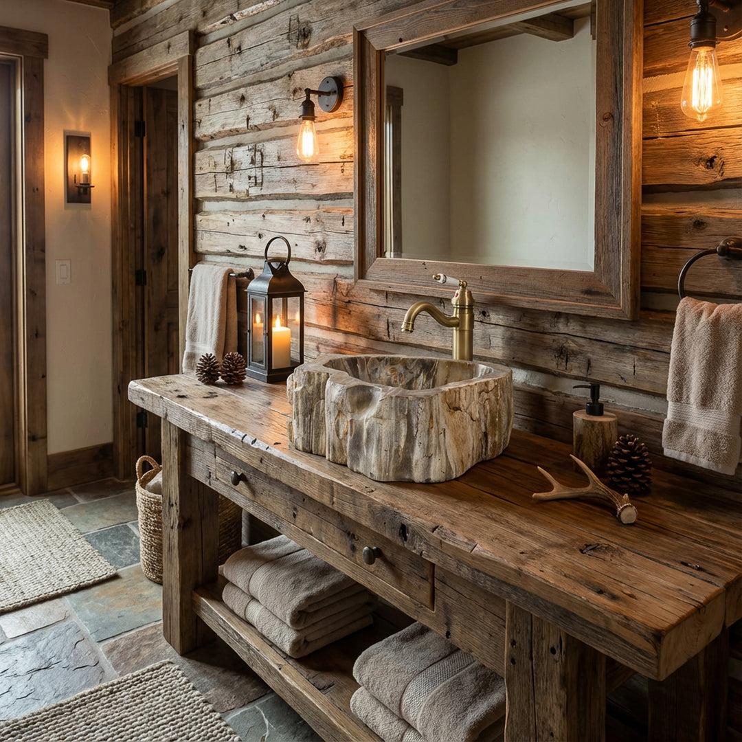 Bois fossile Lavabo comme une vasque à poser rustique sur une table en bois massif, une salle de bains de chalet d'ambiance avec un éclairage chaleureux.