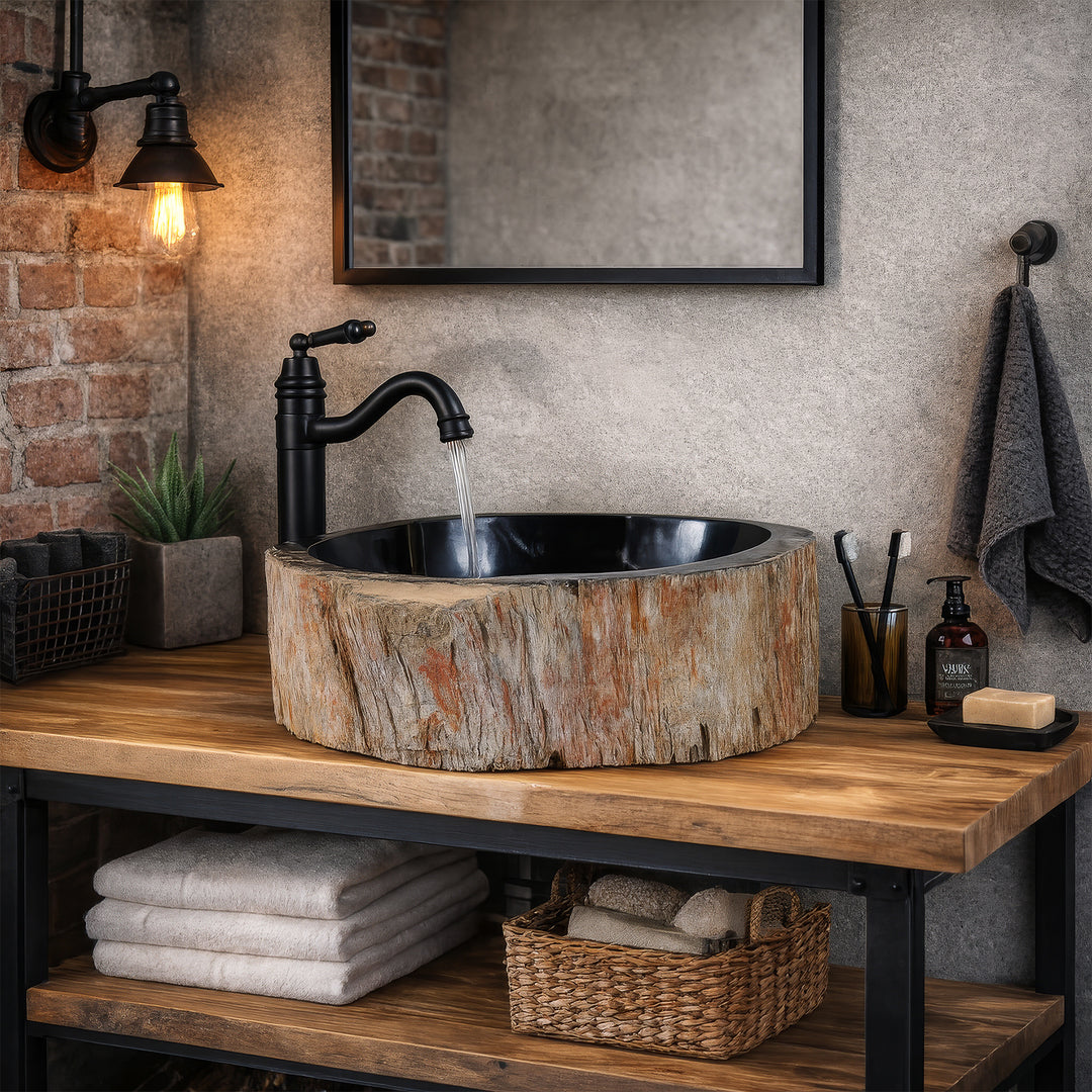 Vasque à poser en bois fossile avec surface intérieure sombre, lavabo rond en pierre sur console bois-métal dans la salle de bain industrielle avec robinetterie noire.