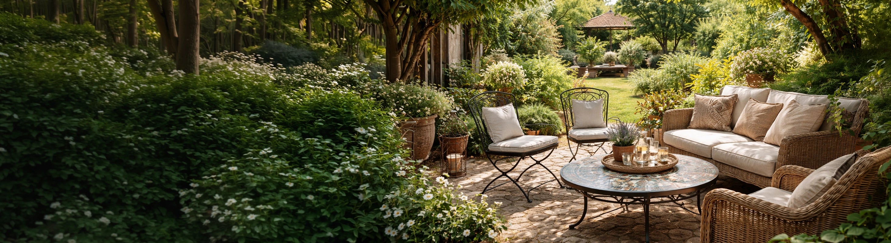 Chaises et canapés de jardin – Garten mit Sitzgruppe aus Rattan-Sofa und Eisenstühlen rund um Mosaiktisch auf Naturstein-Terrasse im Grünen