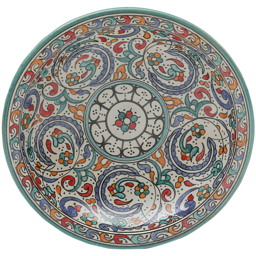 Bol en céramique de Fès peint à la main, orné de motifs floraux et de vrilles aux couleurs vives