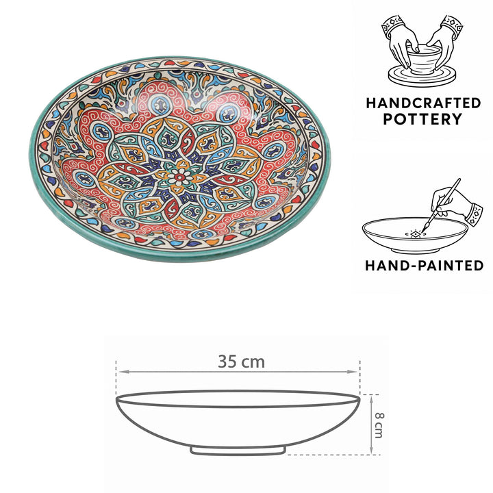 Bol en céramique peint à la main, orné de motifs turquoise, rouges, orange et bleus – 35 cm de diamètre