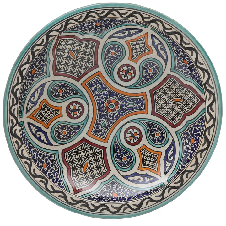 Bol en céramique marocain de Fès – turquoise et orange – Ø 35 cm