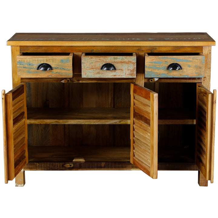 Buffet haut pour le salon en vieux bois avec tiroirs en bois massif de style vintage