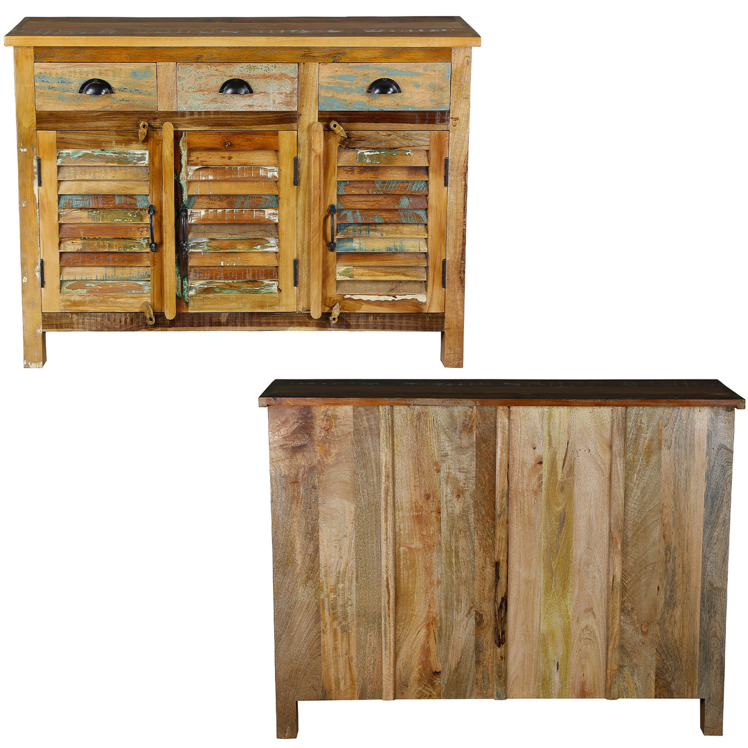 Buffet haut en vieux bois avec tiroirs en bois massif de style vintage, vue avant et arrière
