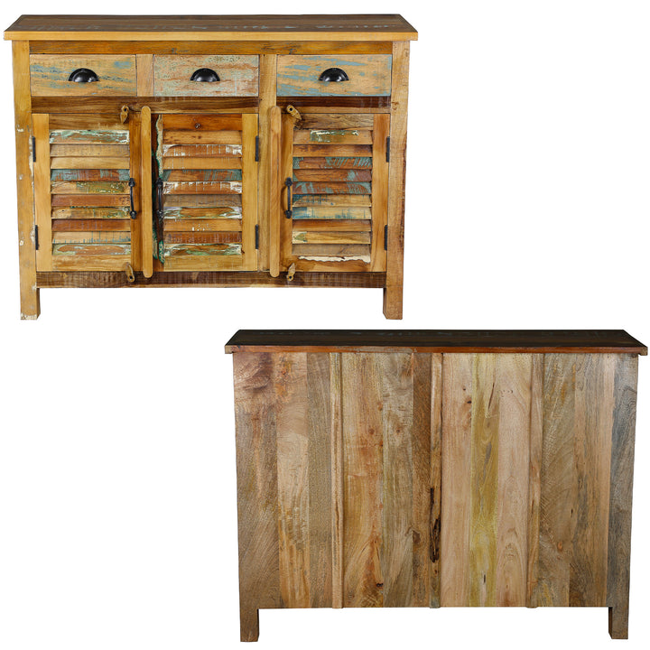 Buffet haut en vieux bois avec tiroirs en bois massif de style vintage, vue avant et arrière