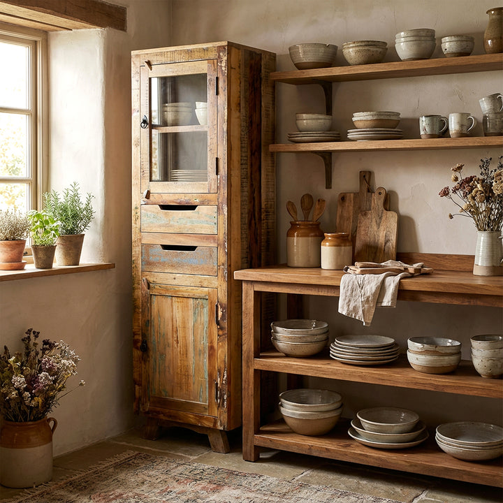 Armoire haute en bois massif et vieux bois avec tiroir et portes de style maison de campagne, placée dans la cuisine