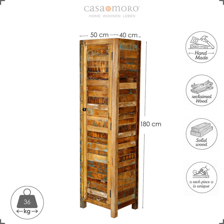Armoire haute étroite en bois massif et bois de récupération de style maison de campagne, 180 cm de hauteur, 50 cm de largeur, présentée sur pied