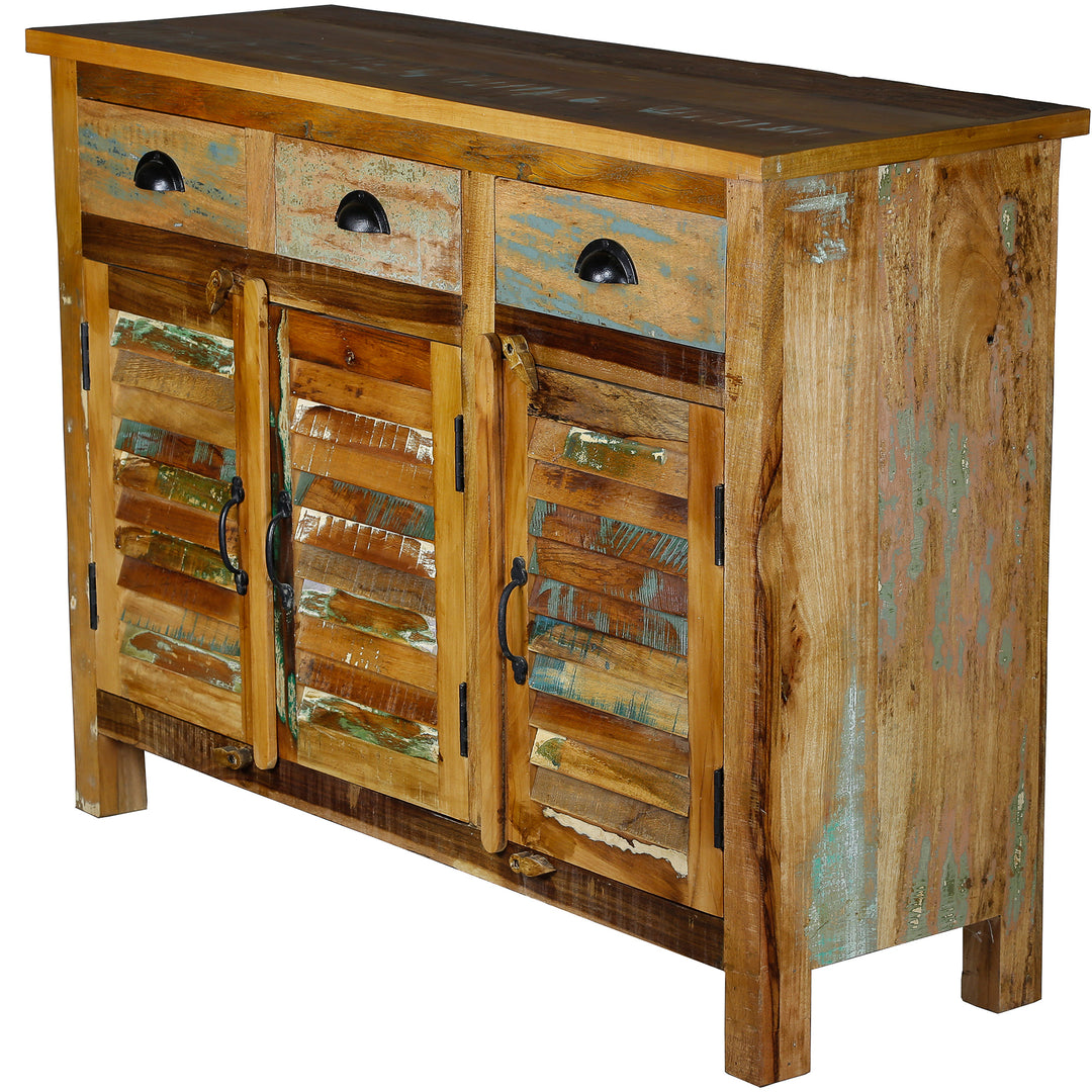 Buffet haut en vieux bois avec tiroirs en bois massif de style vintage, haut et frappant
