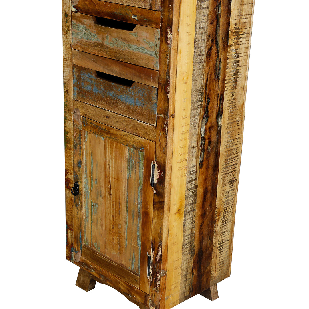 Armoire en bois de récupération et en bois massif avec tiroir et portes de style vintage, illustrée sur pied