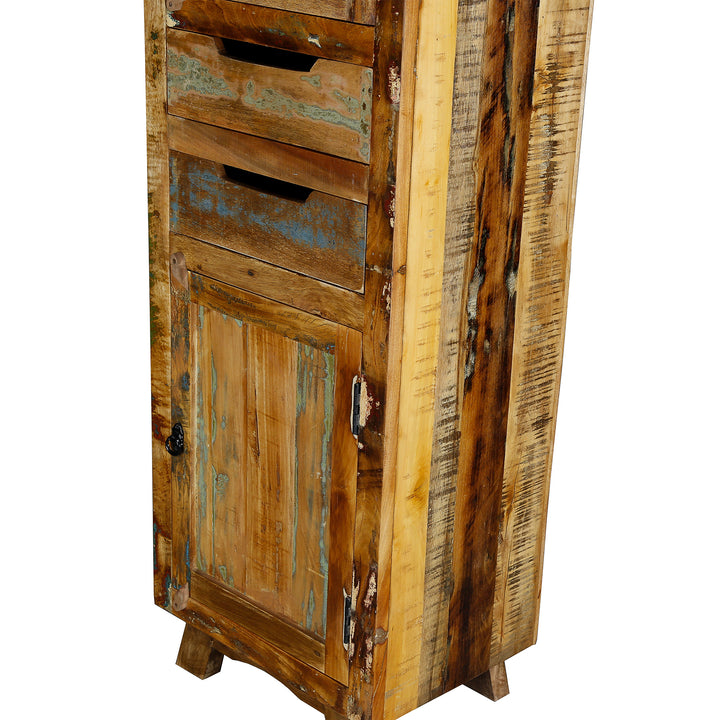 Armoire en bois de récupération et en bois massif avec tiroir et portes de style vintage, illustrée sur pied