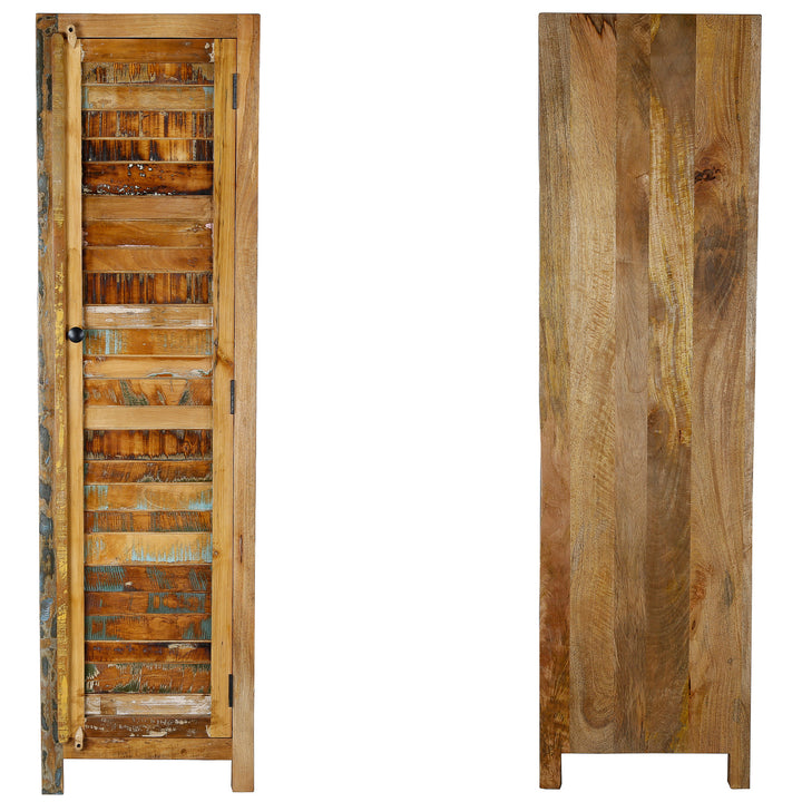 Armoire haute et étroite en bois massif et bois de récupération de style vintage, vues avant et arrière illustrées