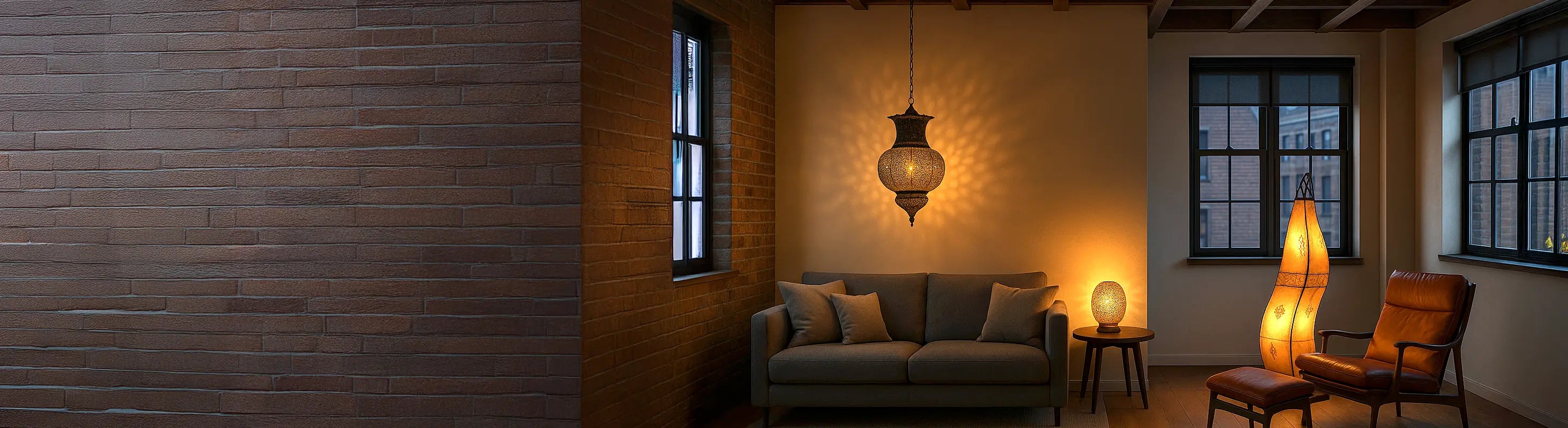 Lampes et luminaires – Wohnzimmer mit orientalischer Hängelampe, Tischlampe und Stehlampe – stimmungsvolle Beleuchtung neben Sofa und Sessel