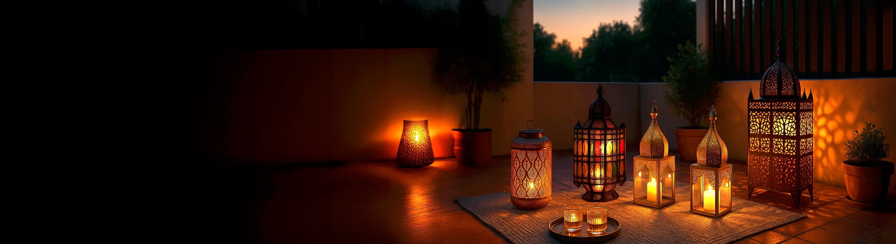lanternes – Orientalische Laternen mit Kerzen auf Terrasse bei Sonnenuntergang – stimmungsvolle Außenbeleuchtung für Garten und Balkon
