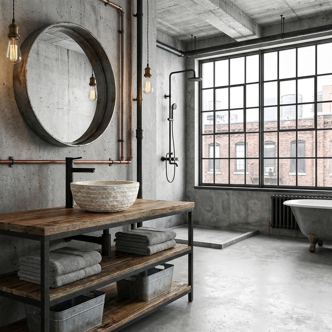 Lavabo rond à poser en pierre naturelle avec surface texturée sur une console bois-métal dans une salle de bains loft industriel