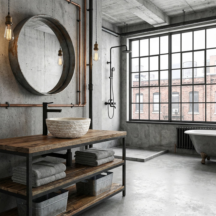 Lavabo rond à poser en pierre naturelle avec surface texturée sur une console bois-métal dans une salle de bains loft industriel