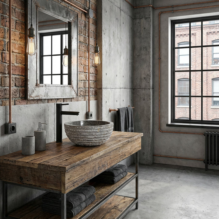 Lavabo rond en pierre de marbre sur table en bois rustique dans une salle de bains industrielle avec béton apparent, brique et raccords noirs