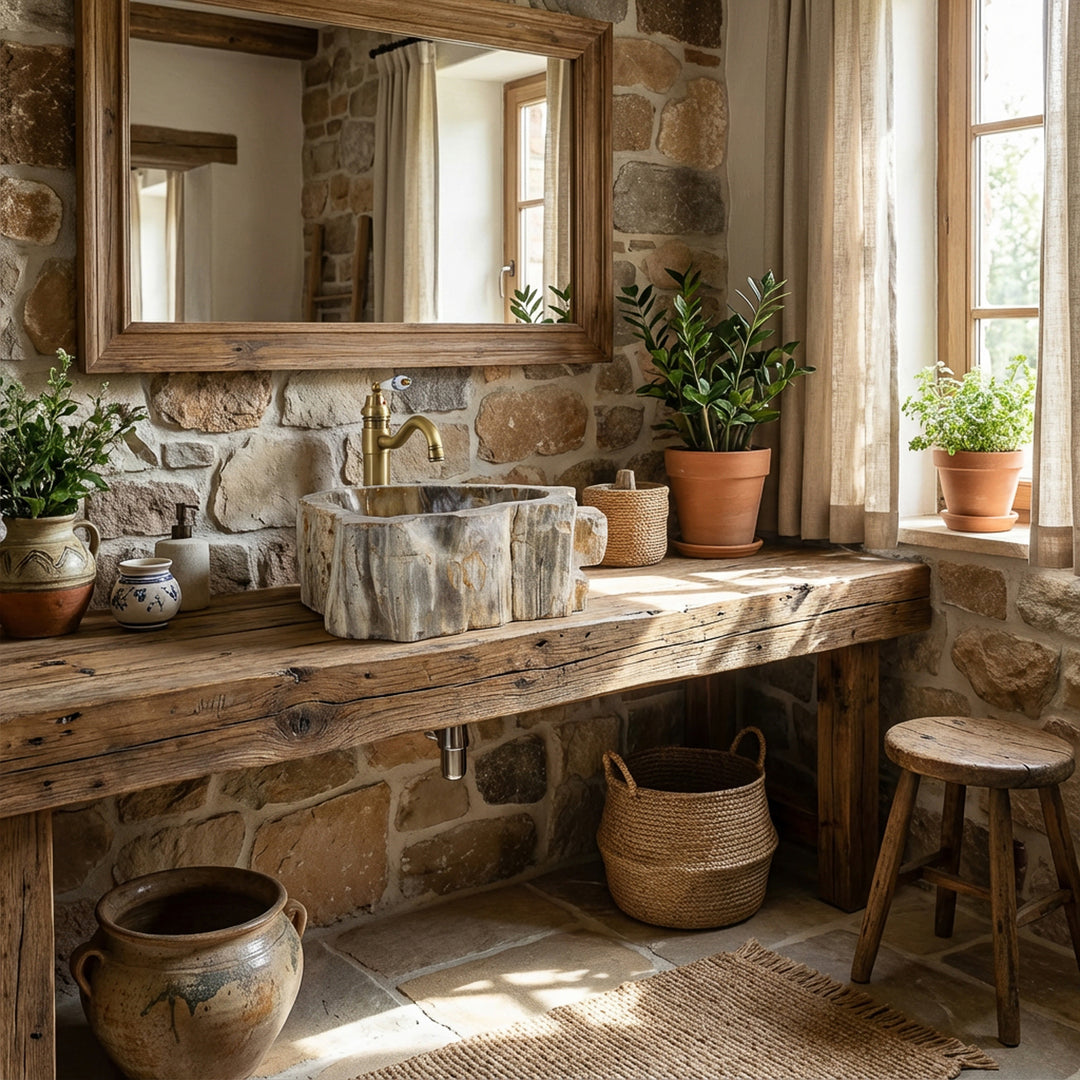 Vasque à poser en pierre avec structure en bois fossile sur console rustique en bois, salle de bain naturelle avec mur en pierre et lumière du jour.